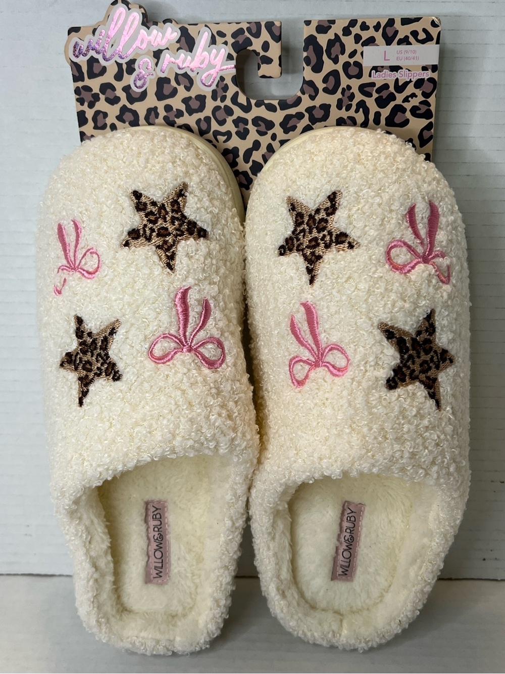 Willow & Ruby Women Leopard Stars Pink Bows Cream Sherpa Slippers Large 9/10 New
